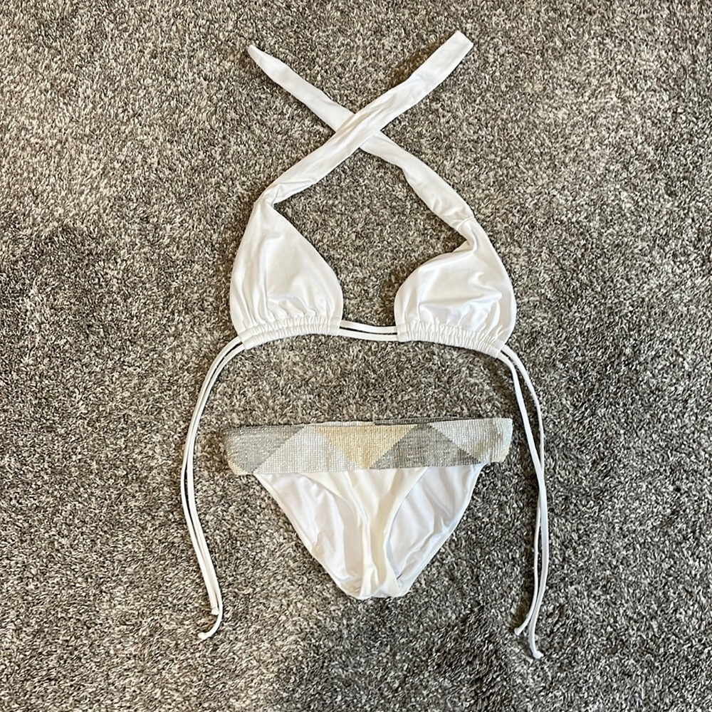 White 2 piece swimsuit. Becca brand top (D-DD cup), Pilyq bottoms (M/L)